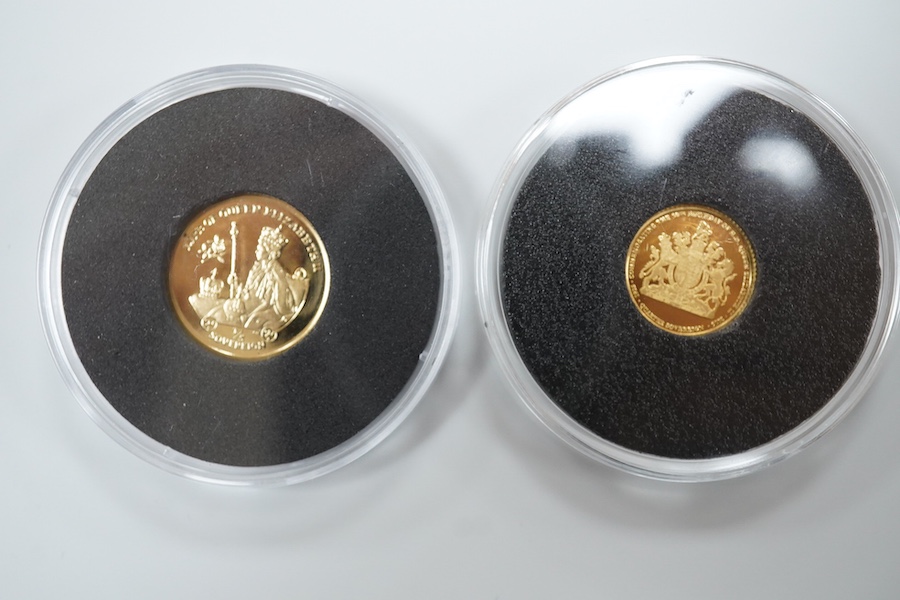 Gold coins, Elizabeth II;, Ascension Island, 1/5 sovereign, 2013, Tristan de Cunha, six gold half crowns (2009 x 4 and 2010 x 2), and a quarter sovereign, 2016, British virgin islands gold $3, 2013, Isle of Man gold 1/5